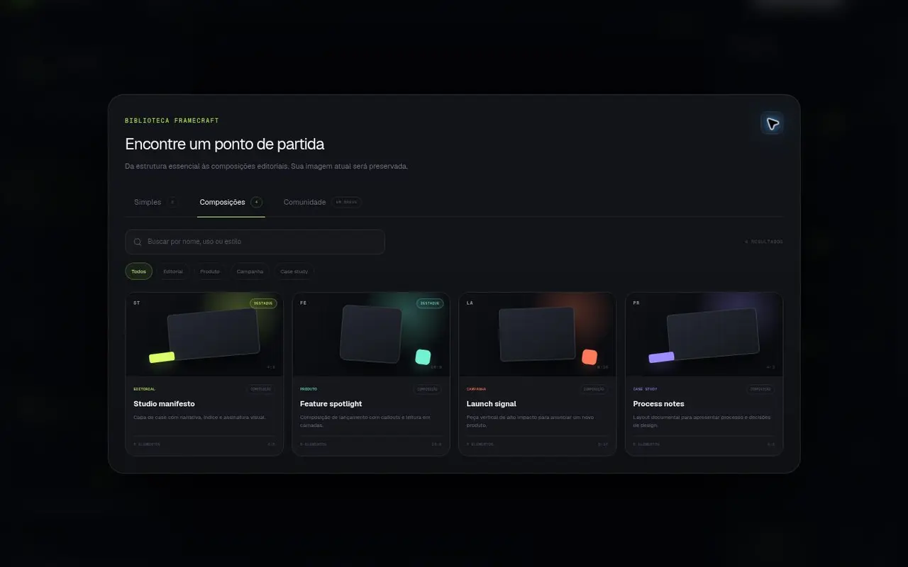 Editor do Framecraft Studio com canvas, controles e inspetor visual