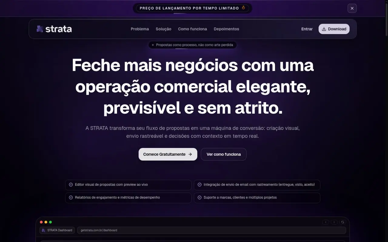 Hero da STRATA apresentando a proposta de operação comercial
