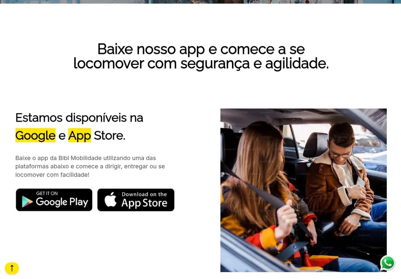 Apresentação dos links de download do aplicativo no site Bibi Mobilidade