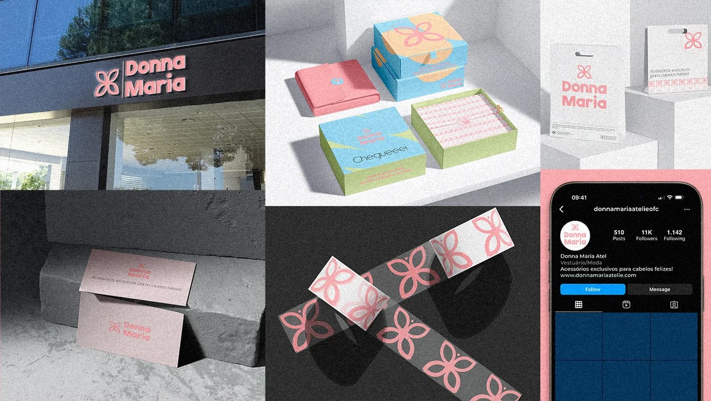 Mockups da identidade em fachada, embalagens, papelaria e presença digital