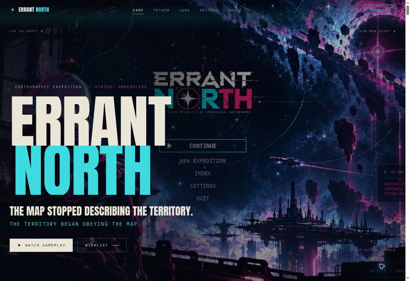 Página de apresentação de Errant North