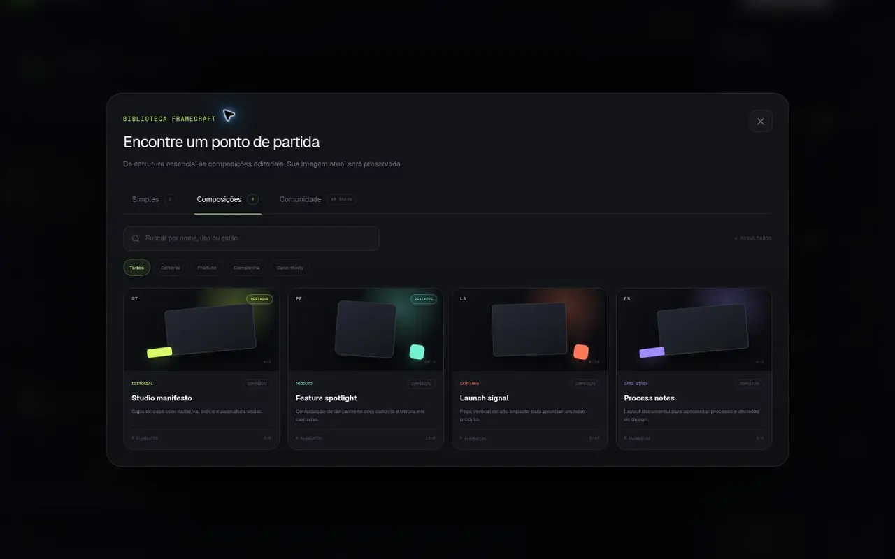 Biblioteca de templates simples e composições do Framecraft Studio