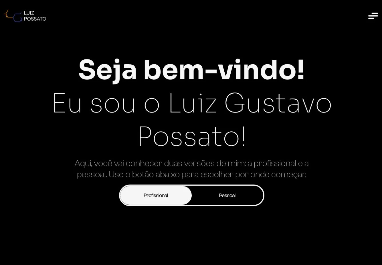 Abertura do site de Luiz Gustavo Possato com escolha entre apresentação profissional e pessoal