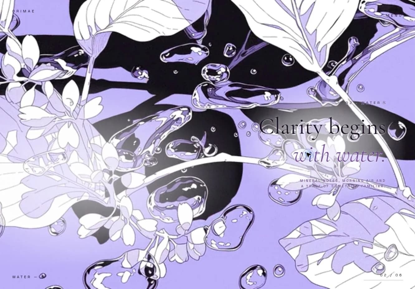 Capítulo Water da experiência ORIMAE com flores e gotas ilustradas