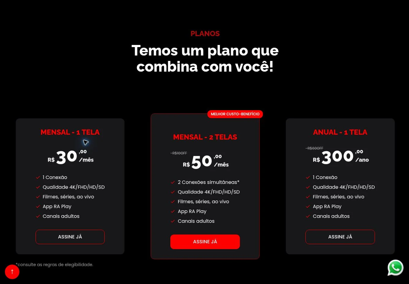 Seção de comparação de planos apresentada na landing page RA Play